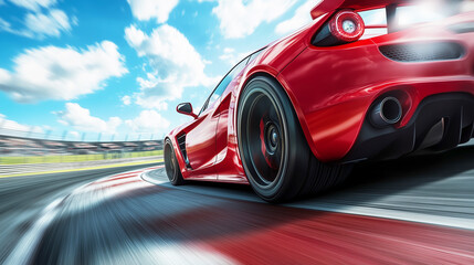 Sleek red sports car racing on track under sunny skies with motion blur effect