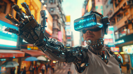 Naklejka premium Futuristic Urban Scene with Cyborg and Virtual Reality in a Neon-Lit Cityscape. Generative ai