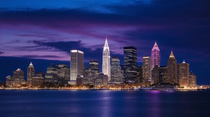 Obraz premium Stunning skyline of a city at dusk with illuminated buildings and vibrant colors over water