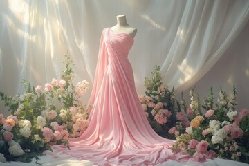 A beautifully designed pink dress draped over a mannequin surrounded by soft lighting and flowers
