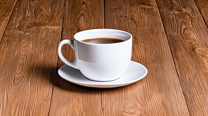 Obraz premium A photostock of a white cup with a saucer on a wooden table, minimal design