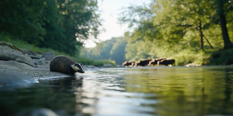 Naklejka premium A cinematic scene of a badger by a stream, with cows drinking from the water further down