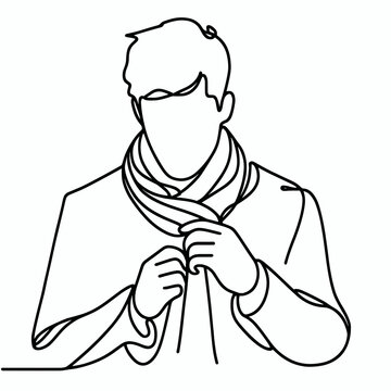 man adjusting scarf, line art, black and white clip art preview