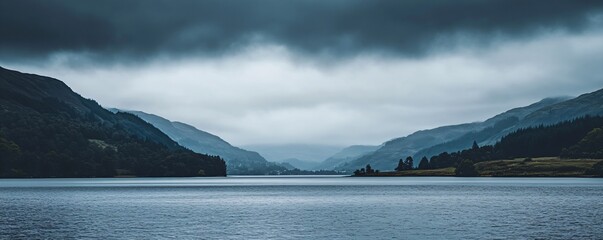 Beautiful lake in misty morning. Mountains, forest and clouds reflected in the calm water surface. Norwegian dark autumn landscape. Nature, ecology, eco tourism. Travel and vacation concept