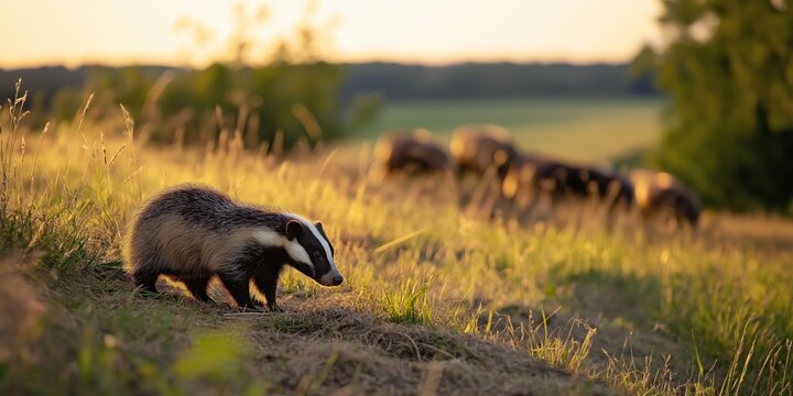 A group of badgers foraging near a forest edge, with a herd of cows grazing in a nearby field