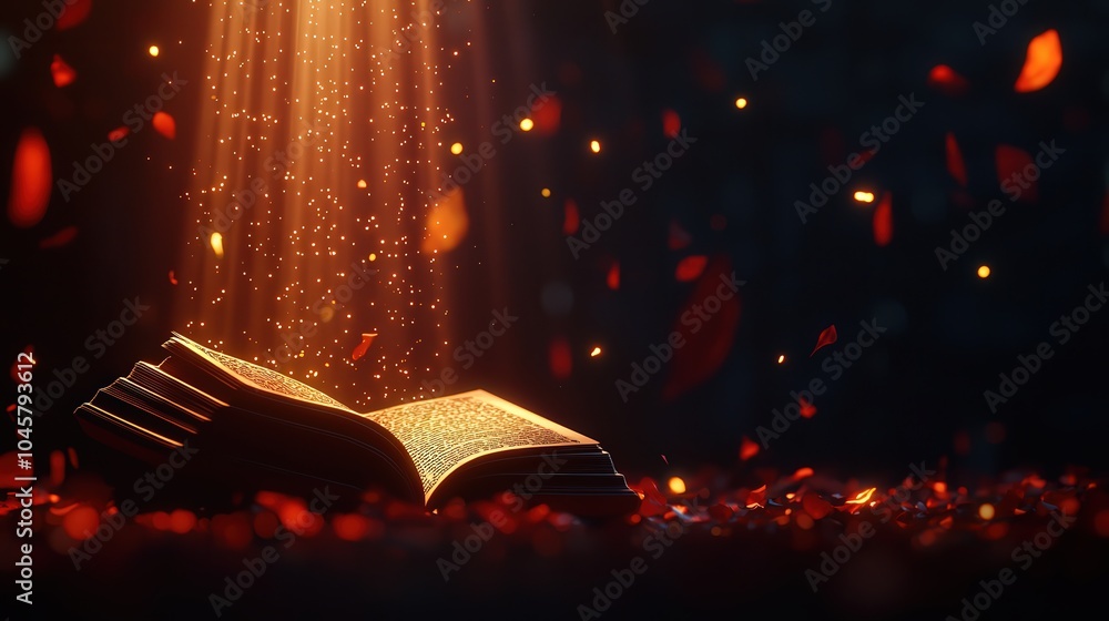 Poster magical book of knowledge illuminated by enchanting light and floating petals