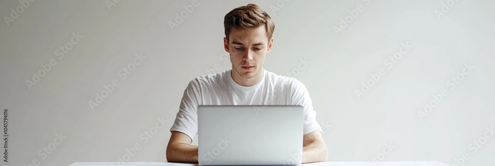 Poster a young man focuses on his laptop, embodying the essence of remote work in a clean and minimalistic 