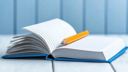 A photostock of an open notebook with a pencil, white background, education theme