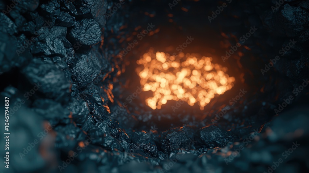 Poster mystical glow of lava pool surrounded by dark rocks in an enigmatic depth