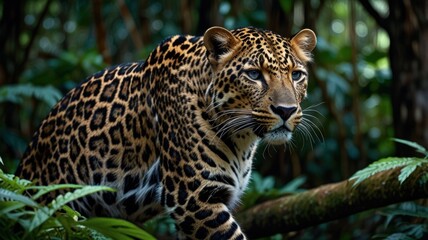 Fototapeta premium A majestic leopard with piercing blue eyes stares intently from a tree branch in a lush green jungle.