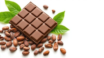 Fototapeta premium A photostock of chocolate bars with cocoa beans, white background, soft focus