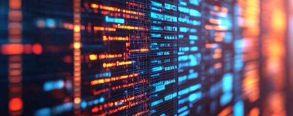 Blockchain ledger visualization, glowing holograms, futuristic urban backdrop, data exchange