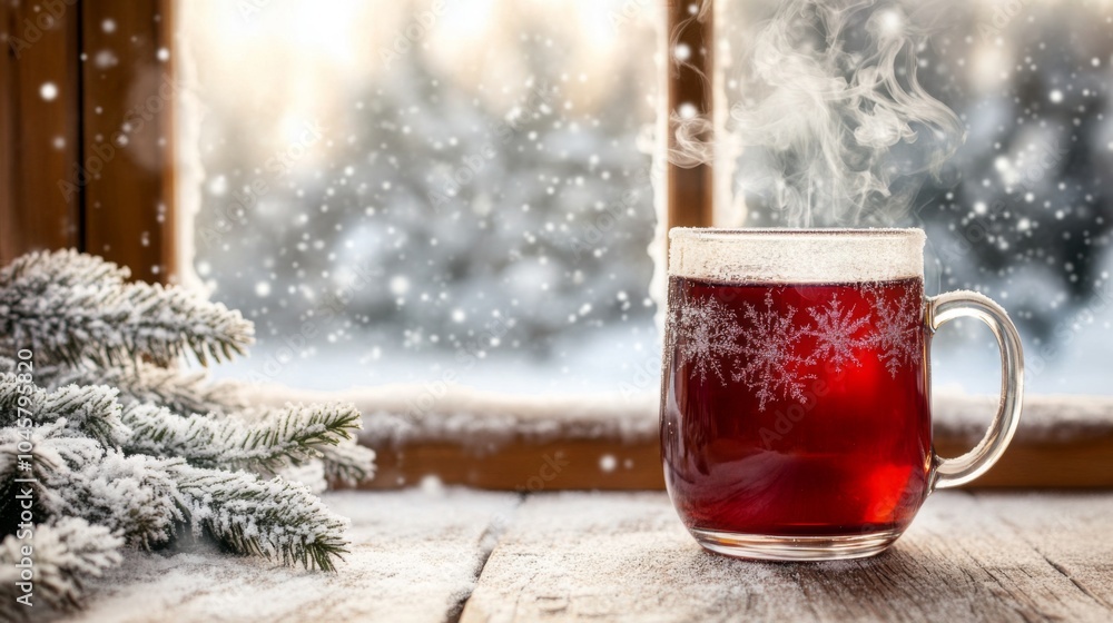Poster a mug of steaming tea sits on a windowsill, with snow falling outside and a pine branch to the left.