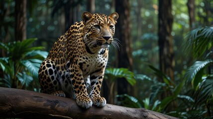 Obraz premium A majestic leopard sits on a fallen log in a lush tropical rainforest, its gaze fixed on something in the distance.