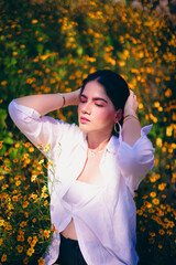 beautiful girl enjoying the summer sun, flowers, road, beauty person, model posing at the cam