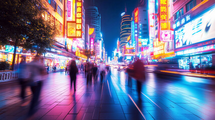 Vibrant nightlife on bustling urban street with neon lights