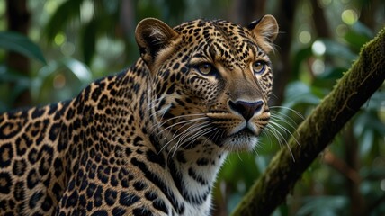 Obraz premium A close-up portrait of a leopard with its head turned to the side, looking alert and focused. The leopard's fur is beautifully patterned with black spots on a tawny background. 