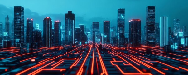 Blockchain smart city, augmented reality data streams, futuristic urban landscape