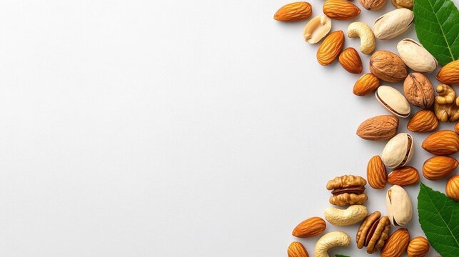 A photostock of mixed nuts on a white background, clean composition