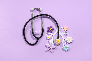 Paper lungs with plasticine flowers and stethoscope on purple background