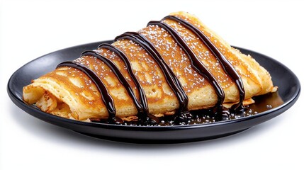 A photostock of pancakes drizzled with chocolate sauce, white background, breakfast theme