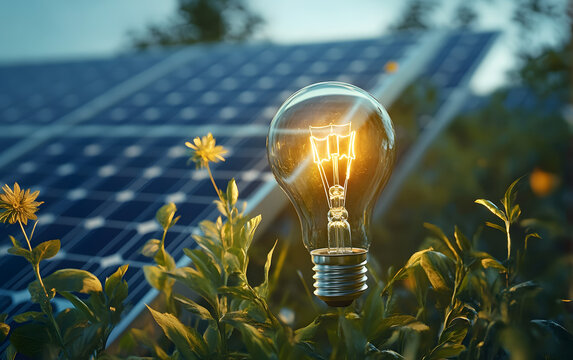 Ampoule et panneaux solaire photovolta&iuml;que sur fond de nature, &eacute;nergie verte et &eacute;conomie d'&eacute;nergie dans la maison