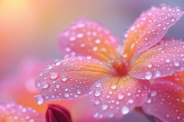 Fototapeta premium A close-up of a pink flower adorned with water droplets, showcasing natural beauty.