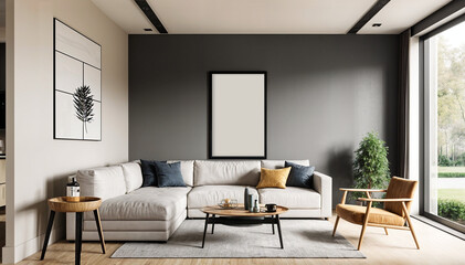Fototapeta premium Interior view of contemporary home with frame mockup on the wall
