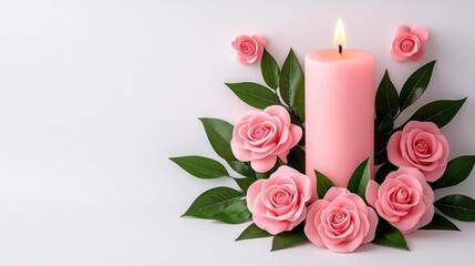 A photostock of pink candles with roses on a white background, soft romantic lighting
