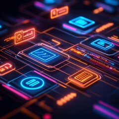 Blockchain-driven finance, floating holographic transactions, futuristic neon-lit interface