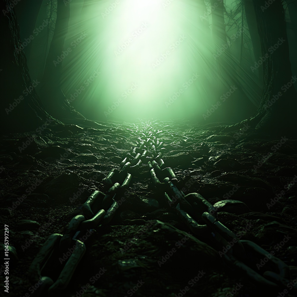 Poster chains in the mist a mysterious journey through a shadowy forest