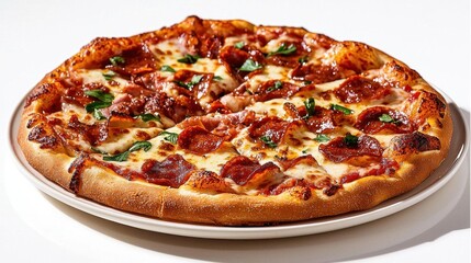 A photostock of pizza with various toppings on a white plate, clear focus, clean background