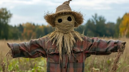 Naklejka premium A scarecrow Halloween costume made from repurposed old clothes and straw, with a biodegradable face mask for a rustic, eco-friendly look