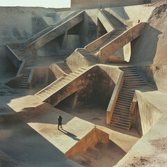 Intricate desert structure with symmetrical stairs, blending ancient architectural elements in a surreal, sandy landscape.