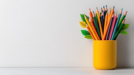 A photostock of school supplies in a holder, white background, back-to-school theme