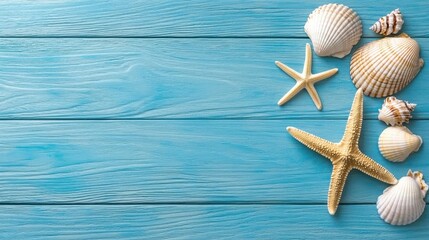 A photostock of seashells and starfish on a blue wooden background, summer theme