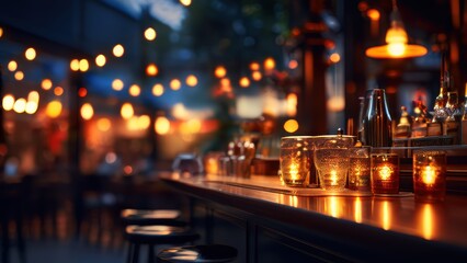 A cozy bar scene illuminated by warm lights and candles, creating a welcoming atmosphere.
