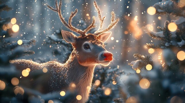 High angle portrait of a red-nosed reindeer in a snowy Christmas tree forest, with twinkling holiday lights