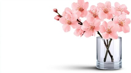 A photostock of soft pink flowers in a vase, white background, elegant design