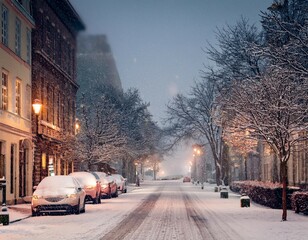 a snowy street with a few cars parked on the side