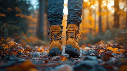 Closeup of hiking boots on a forest trail with fallen autumn leaves.