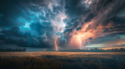 Dramatic lightning strike illuminates a field during a stormy sunset.
