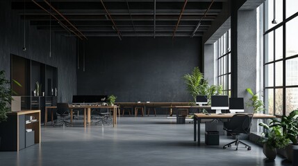 Modern industrial office interior with large windows, concrete walls, wooden desks, and black chairs.