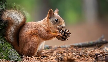 Fototapeta premium a squirrel is holding a pine cone in its mouth