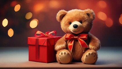 a teddy bear is sitting next to a red box with a red bow on it