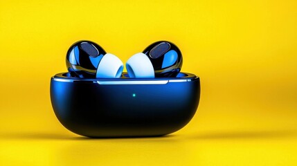 A photostock of two earbuds and a smartphone, yellow background, tech theme