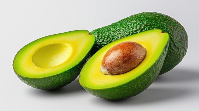 A photostock of two avocados, one cut open, white background, clear details