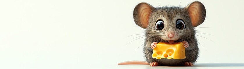Fototapeta premium A cute little mouse enjoying a piece of cheese, showcasing its adorable features and playful nature in a studio setting.