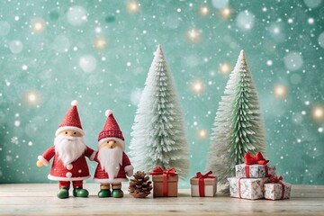 Minimalist Christmas Scene with Santa and Elves in a Festive Setting