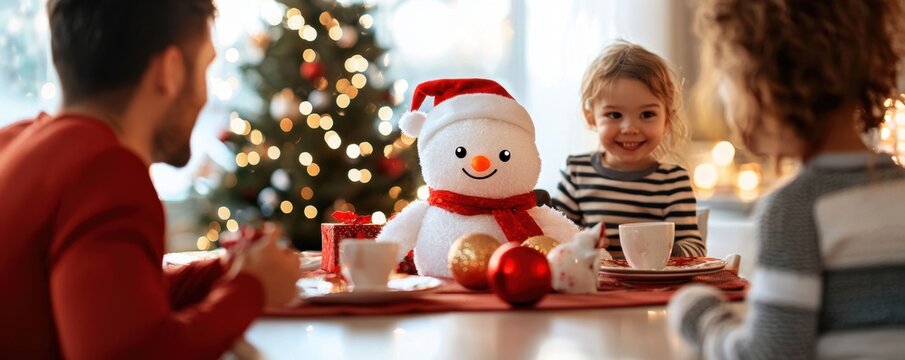 Family enjoying a holiday meal with a snowman plush toy at a festive table
